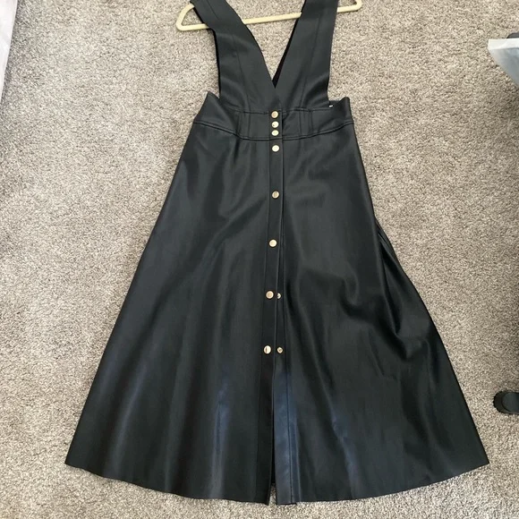 Zara pleather overall black dress with gold buttons
